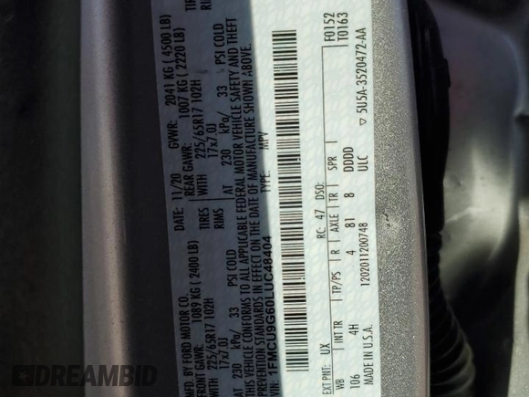 2020 Ford Escape SE with VIN 1FMCU9G60LUC48404, listed as a Copart auction lot 49437955 with 64,223 mi miles and Salvage Title. Bid and sale history available at carsss.com. Image 15.