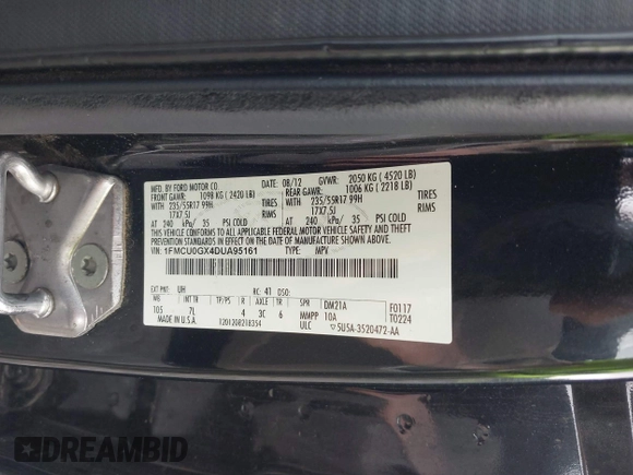 2013 Ford Escape SE with VIN 1FMCU0GX4DUA95161, listed as a IAAI auction lot 42393874 with 190,390 mi miles and . Bid and sale history available at DreamBid. Image 9.
