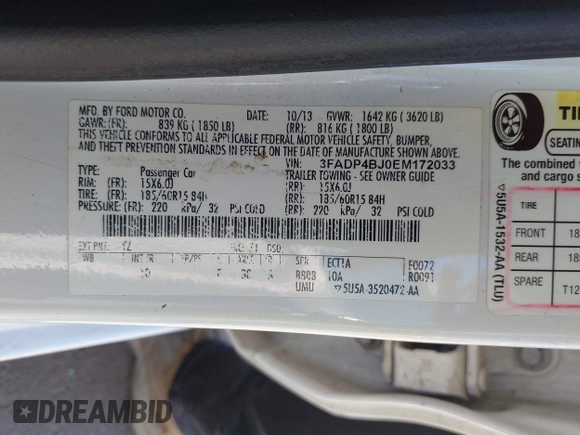 2014 Ford Fiesta SE with VIN 3FADP4BJ0EM172033, listed as a IAAI auction lot 42153874 with 155,640 mi miles. Bid and sale history available at carsss.com. Image 9.
