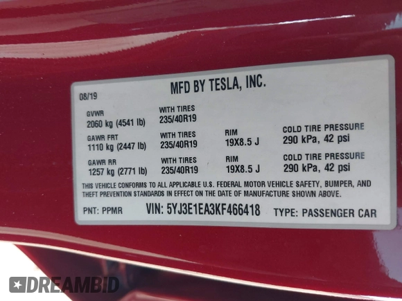 2019 Tesla Model 3 Mid Range with VIN 5YJ3E1EA3KF466418, listed as a IAAI auction lot 41724564 with 53,774 mi miles and . Bid and sale history available at DreamBid. Image 9.