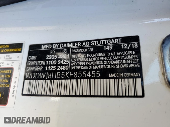 2019 Mercedes-Benz C 63 S AMG with VIN WDDWJ8HB5KF855455, listed as a Copart auction lot 49669255 with 35,982 mi miles and Salvage title. Bid and sale history available at DreamBid. Image 12.