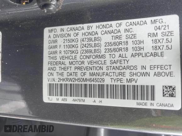 2021 Honda CR-V EX with VIN 2HKRW2H50MH645029, listed as a IAAI auction lot 42358024 with Not provided miles and . Bid and sale history available at DreamBid. Image 9.