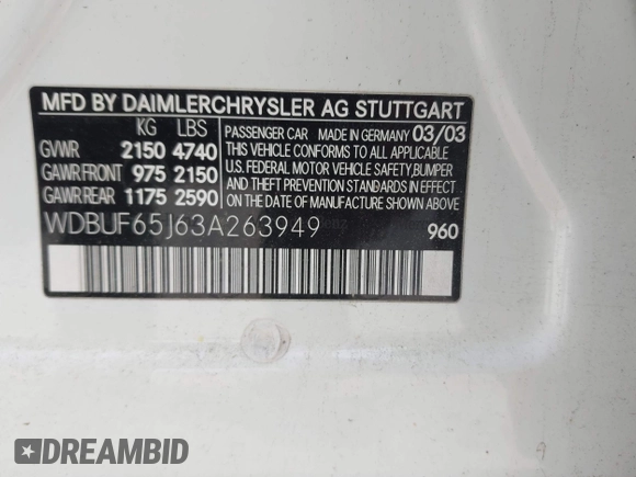 2003 Mercedes-Benz E 320 with VIN WDBUF65J63A263949, listed as a IAAI auction lot 42020627 with Not Provided miles and . Bid and sale history available at DreamBid. Image 9.