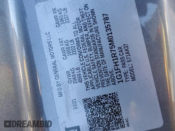 2021 Chevrolet Camaro 2SS z VIN 1G1FH1R75M0135787, wystawiony jako Copart lot #47257455 z przebiegiem 16 918 mil mil oraz Szkoda całkowita • Salvage title. Historia ofert i sprzedaży dostępna na DreamBid. Obrazek 14.