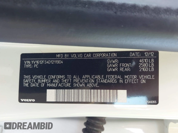 2013 Volvo S60 T5 Premier with VIN YV1612FS4D1211904, listed as a IAAI auction lot 42228398 with 75,863 mi miles and . Bid and sale history available at DreamBid. Image 9.
