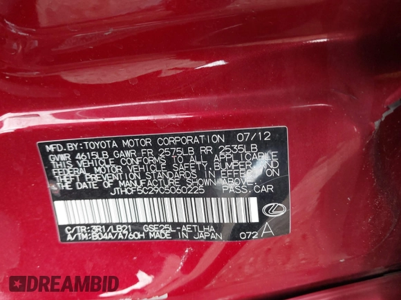2012 Lexus IS 250 with VIN JTHCF5C29C5060225, listed as a IAAI auction lot 41494116 with 100,208 mi miles and . Bid and sale history available at DreamBid. Image 9.