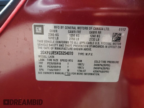 2012 GMC Terrain SLT-1 z VIN 2GKFLUE5XC6254070, wystawiony jako Copart lot #52794235 z przebiegiem Nie podano mil oraz Szkoda całkowita • Salvage title. Historia ofert i sprzedaży dostępna na DreamBid. Obrazek 14.