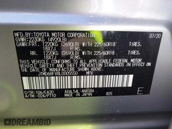 2020 Toyota RAV4 Hybrid Limited with VIN JTMD6RFV8LD005550, listed as a IAAI auction lot 41827821 with 26,073 mi miles. Bid and sale history available at carsss.com. Image 9.