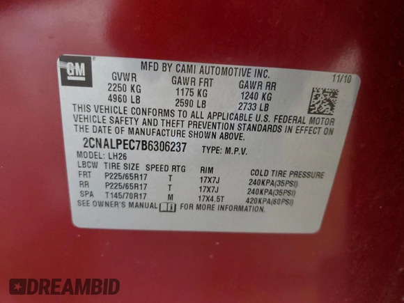2011 Chevrolet Equinox 2LT z VIN 2CNALPEC7B6306237, wystawiony jako Copart lot #47130205 z przebiegiem 216 154 mil mil oraz Szkoda całkowita • Salvage title. Historia ofert i sprzedaży dostępna na DreamBid. Obrazek 13.