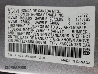 2022 Honda Civic Sport with VIN 2HGFE2F58NH600876, listed as a Copart auction lot 46548615 with 73,806 mi miles and Salvage Title. Bid and sale history available at carsss.com. Image 14.