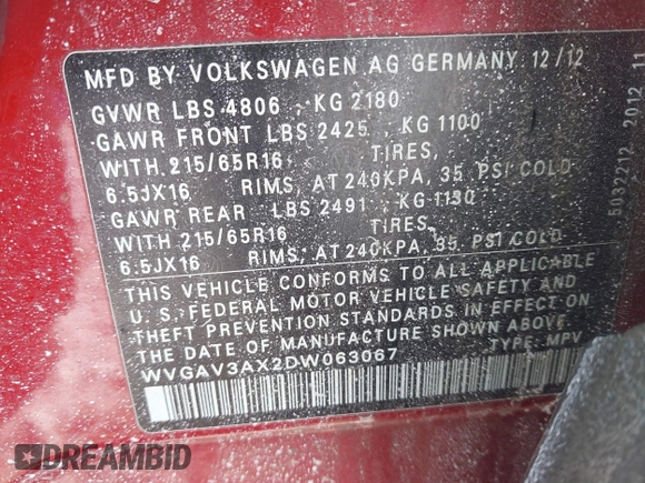 2013 Volkswagen Tiguan S with VIN WVGAV3AX2DW063067, listed as a IAAI auction lot 41638749 with 150,115 mi miles and . Bid and sale history available at DreamBid. Image 9.