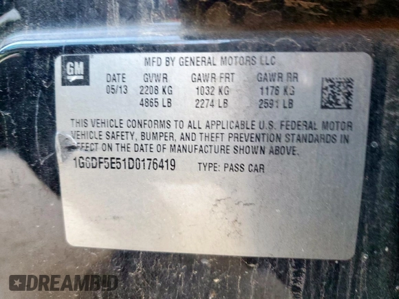 2013 Cadillac CTS Luxury with VIN 1G6DF5E51D0176419, listed as a Copart auction lot 57874875 with 96,116 mi miles and Salvage title. Bid and sale history available at DreamBid. Image 13.