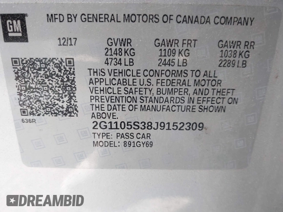 2018 Chevrolet Impala LT with VIN 2G1105S38J9152309, listed as a IAAI auction lot 42132754 with Not Provided miles and . Bid and sale history available at DreamBid. Image 9.