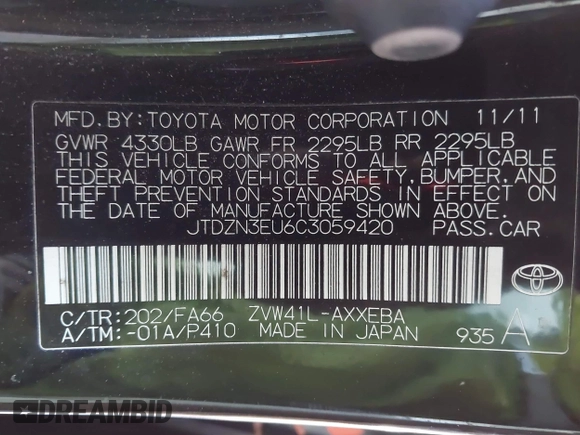 2012 Toyota Prius Two with VIN JTDZN3EU6C3059420, listed as a IAAI auction lot 41422843 with 270,794 mi miles and . Bid and sale history available at DreamBid. Image 9.