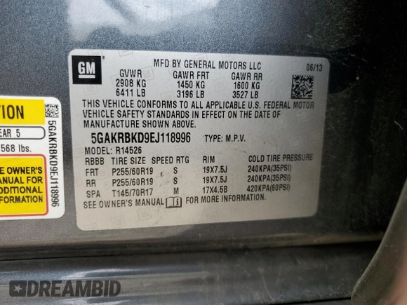 2014 Buick Enclave Leather with VIN 5GAKRBKD9EJ118996, listed as a Copart auction lot 49839445 with 210,477 mi miles and Salvage Title. Bid and sale history available at DreamBid. Image 16.