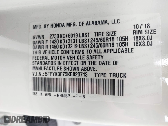 2019 Honda Ridgeline RTL-E with VIN 5FPYK3F75KB020713, listed as a IAAI auction lot 42191152 with 31,245 mi miles and . Bid and sale history available at DreamBid. Image 9.