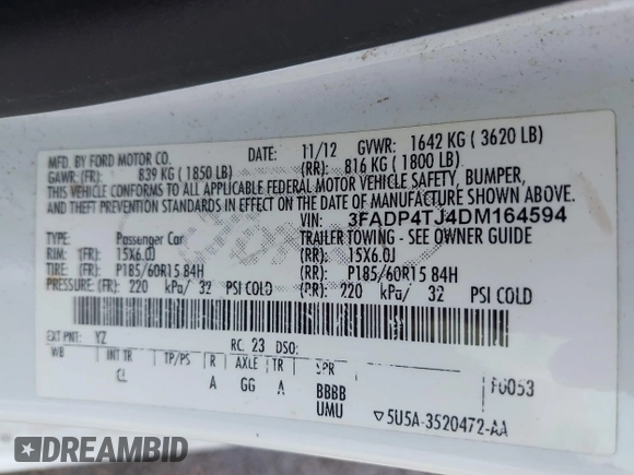 2013 Ford Fiesta S with VIN 3FADP4TJ4DM164594, listed as a IAAI auction lot 42154202 with 75,860 mi miles and . Bid and sale history available at DreamBid. Image 9.