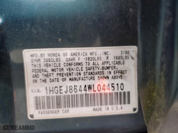 1998 Honda Civic EX with VIN 1HGEJ8644WL044510, listed as a Copart auction lot 47137135 with 163,796 mi miles and Salvage Title. Bid and sale history available at carsss.com. Image 12.