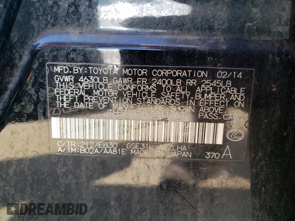 2014 Lexus IS 350 with VIN JTHBE1D26E5011363, listed as a Copart auction lot 52160595 with 124,813 mi miles and Salvage Title. Bid and sale history available at carsss.com. Image 14.