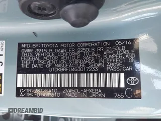 2016 Toyota Prius Two with VIN JTDKBRFU4G3017233, listed as a IAAI auction lot 41520005 with 95,501 mi miles and . Bid and sale history available at DreamBid. Image 9.
