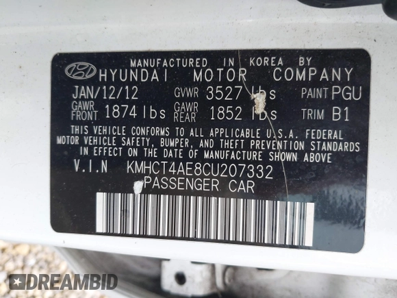 2012 Hyundai Accent GLS with VIN KMHCT4AE8CU207332, listed as a IAAI auction lot 41846183 with 163,190 mi miles. Bid and sale history available at carsss.com. Image 9.