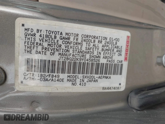 2000 Toyota Camry CE z VIN JT2BG22K9Y0458526, wystawiony jako IAAI lot #42289402 z przebiegiem 269 596 mil mil oraz . Historia ofert i sprzedaży dostępna na DreamBid. Obrazek 9.