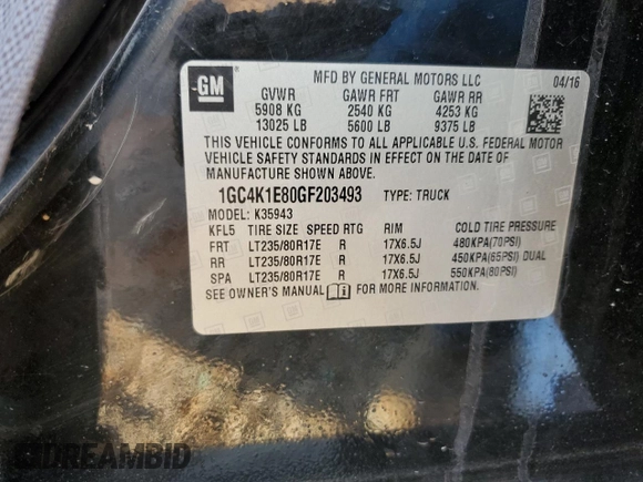 2016 Chevrolet Silverado 3500HD High Country with VIN 1GC4K1E80GF203493, listed as a Copart auction lot 81712434 with 0 mi miles and Salvage Title. Bid and sale history available at carsss.com. Image 12.