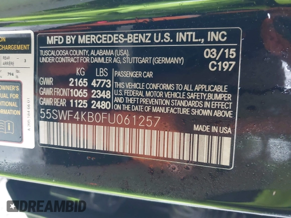 2015 Mercedes-Benz C-Class C 300 Luxury with VIN 55SWF4KB0FU061257, listed as a IAAI auction lot 41573625 with 87,736 mi miles. Bid and sale history available at carsss.com. Image 9.