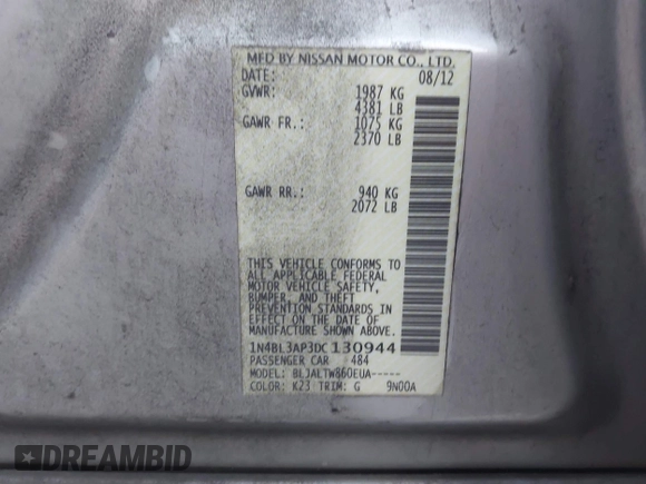 2013 Nissan Altima SV with VIN 1N4BL3AP3DC130944, listed as a IAAI auction lot 41245785 with 176,085 mi miles and . Bid and sale history available at DreamBid. Image 9.