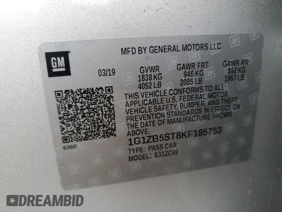 2019 Chevrolet Malibu LS with VIN 1G1ZB5ST8KF185753, listed as a Copart auction lot 55351515 with 43,366 mi miles and Clean Title. Bid and sale history available at DreamBid. Image 12.