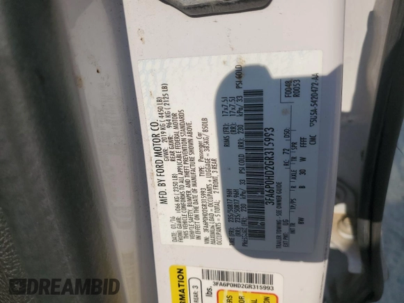 2016 Ford Fusion SE with VIN 3FA6P0HD2GR315993, listed as a Copart auction lot 64127825 with 89,667 mi miles and Salvage title. Bid and sale history available at DreamBid. Image 12.