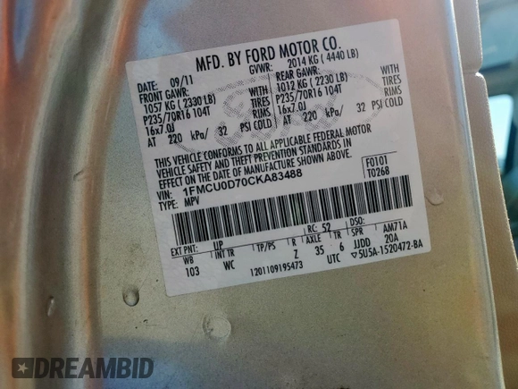 2012 Ford Escape XLT with VIN 1FMCU0D70CKA83488, listed as a Copart auction lot 48393545 with 136,531 mi miles and Salvage Title. Bid and sale history available at carsss.com. Image 14.