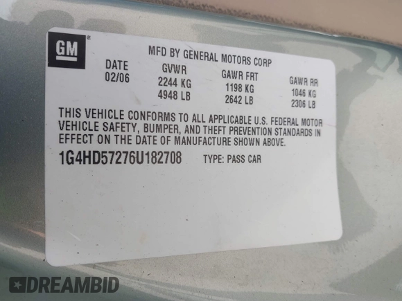 2006 Buick Lucerne CXL with VIN 1G4HD57276U182708, listed as a IAAI auction lot 42054422 with 116,518 mi miles and . Bid and sale history available at DreamBid. Image 9.