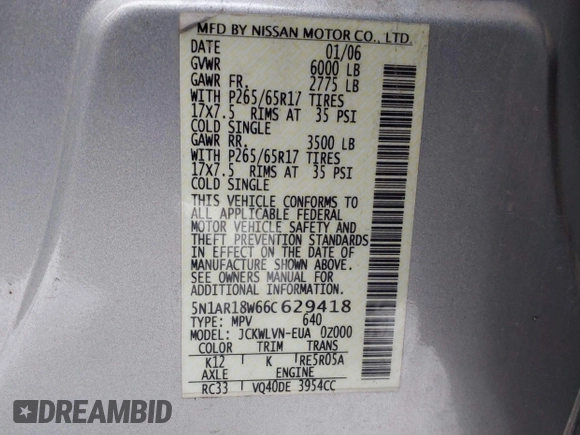 2006 Nissan Pathfinder SE with VIN 5N1AR18W66C629418, listed as a IAAI auction lot 40998220 with 225,891 mi miles and . Bid and sale history available at DreamBid. Image 9.
