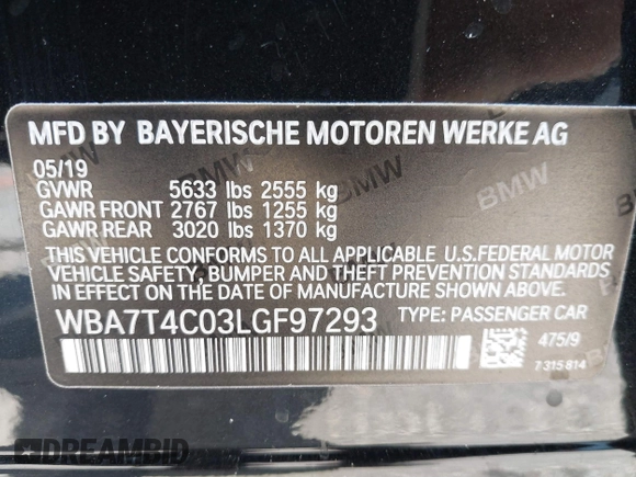 2020 BMW 7 Series 740i xDrive with VIN WBA7T4C03LGF97293, listed as a IAAI auction lot 40189953 with 64,936 mi miles and . Bid and sale history available at DreamBid. Image 9.