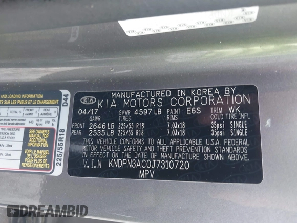2018 Kia Sportage EX with VIN KNDPN3AC0J7310720, listed as a IAAI auction lot 42400165 with 118,929 mi miles and . Bid and sale history available at DreamBid. Image 9.