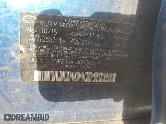 2016 Hyundai Sonata Sport with VIN 5NPE34AF8GH343028, listed as a Copart auction lot 49534455 with Not Provided miles and Clean Title. Bid and sale history available at DreamBid. Image 13.