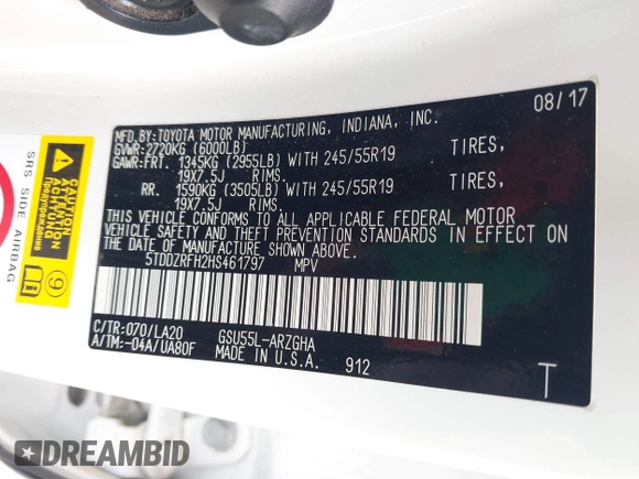 2017 Toyota Highlander Limited with VIN 5TDDZRFH2HS461797, listed as a IAAI auction lot 41953255 with 120,464 mi miles and . Bid and sale history available at DreamBid. Image 9.