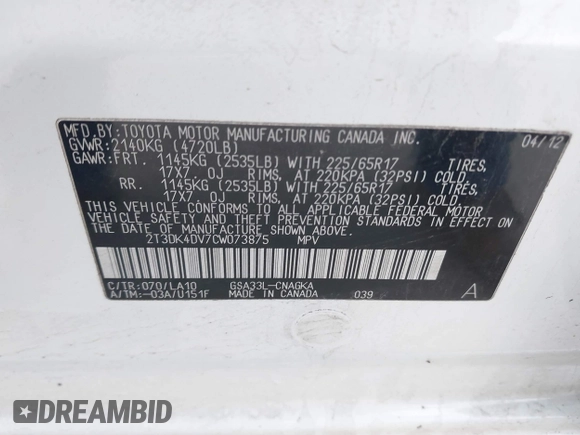 2012 Toyota RAV4 Limited with VIN 2T3DK4DV7CW073875, listed as a IAAI auction lot 41620345 with 185,640 mi miles. Bid and sale history available at carsss.com. Image 9.