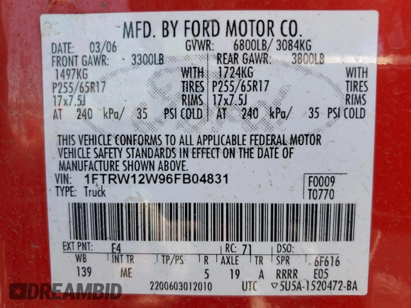 2006 Ford F-150 XLT with VIN 1FTRW12W96FB04831, listed as a Copart auction lot 63116385 with 111,162 mi miles and Salvage title. Bid and sale history available at DreamBid. Image 12.