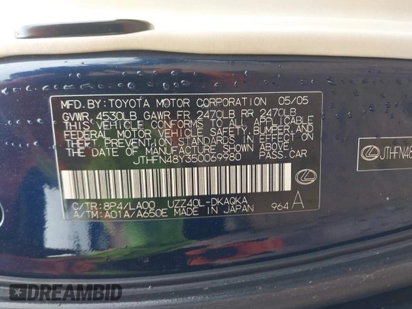 2005 Lexus SC 430 z VIN JTHFN48Y350069980, wystawiony jako IAAI lot #42358681 z przebiegiem 162 580 mil mil oraz . Historia ofert i sprzedaży dostępna na DreamBid. Obrazek 9.