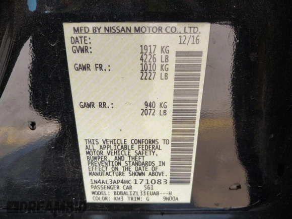 2017 Nissan Altima SV with VIN 1N4AL3AP4HC171083, listed as a IAAI auction lot 41919777 with 95,552 mi miles and . Bid and sale history available at DreamBid. Image 9.