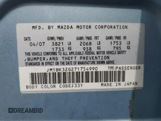 2007 Mazda 3 i Touring with VIN JM1BK32G271754990, listed as a Copart auction lot 55819265 with 64,345 mi miles and Salvage Title. Bid and sale history available at DreamBid. Image 13.