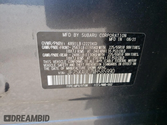 2021 Subaru Forester Limited with VIN JF2SKAUC7MH585990, listed as a Copart auction lot 56026435 with 59,984 mi miles and Salvage title. Bid and sale history available at DreamBid. Image 13.