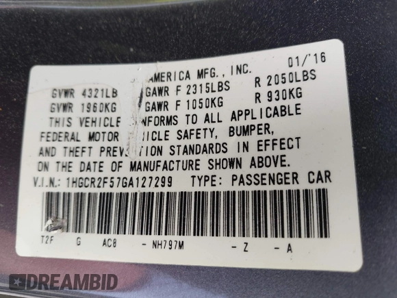 2016 Honda Accord Sport with VIN 1HGCR2F57GA127299, listed as a IAAI auction lot 42028396 with 122,956 mi miles and . Bid and sale history available at DreamBid. Image 9.