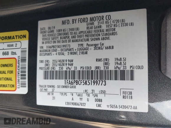 2019 Ford Mustang GT with VIN 1FA6P8CF5K5199773, listed as a IAAI auction lot 42551248 with 79,707 mi miles and . Bid and sale history available at DreamBid. Image 9.