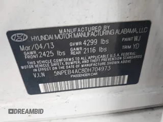 2013 Hyundai Sonata GLS with VIN 5NPEB4AC8DH704973, listed as a IAAI auction lot 41161470 with 127,902 mi miles and . Bid and sale history available at DreamBid. Image 9.