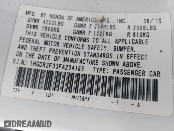 2015 Honda Accord Sedan LX with VIN 1HGCR2F33FA204165, listed as a IAAI auction lot 41631780 with 92,182 mi miles. Bid and sale history available at carsss.com. Image 9.
