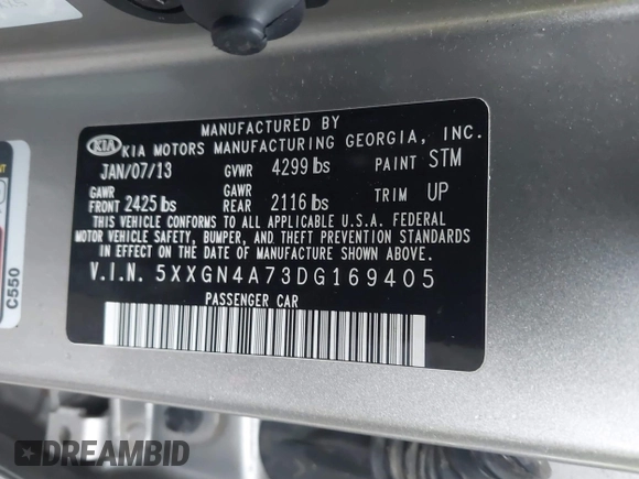 2013 Kia Optima EX with VIN 5XXGN4A73DG169405, listed as a IAAI auction lot 41681277 with 83,248 mi miles and . Bid and sale history available at carsss.com. Image 9.