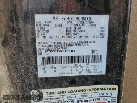 2009 Ford F-150 XL with VIN 1FTPW14V69FB18458, listed as a Copart auction lot 55684195 with 338,034 mi miles and Salvage title. Bid and sale history available at DreamBid. Image 12.